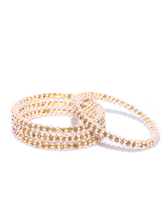 Set Of 4 Gold-Plated White Beaded Bangles