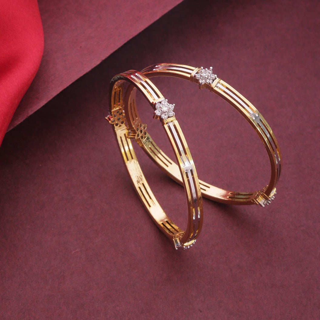 Set Of 2 Dual Toned American Diamond Studded Bangles in Floral Pattern