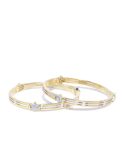 Set Of 2 Dual Toned American Diamond Studded Bangles in Floral Pattern