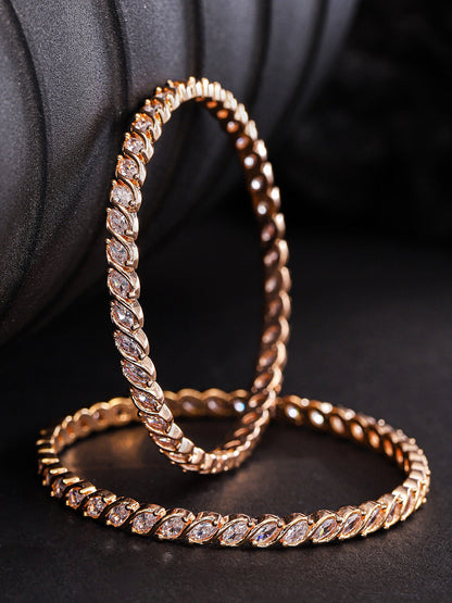 Set of 2 Rose Gold Plated Leaf Design American Diamond Studded Bangles