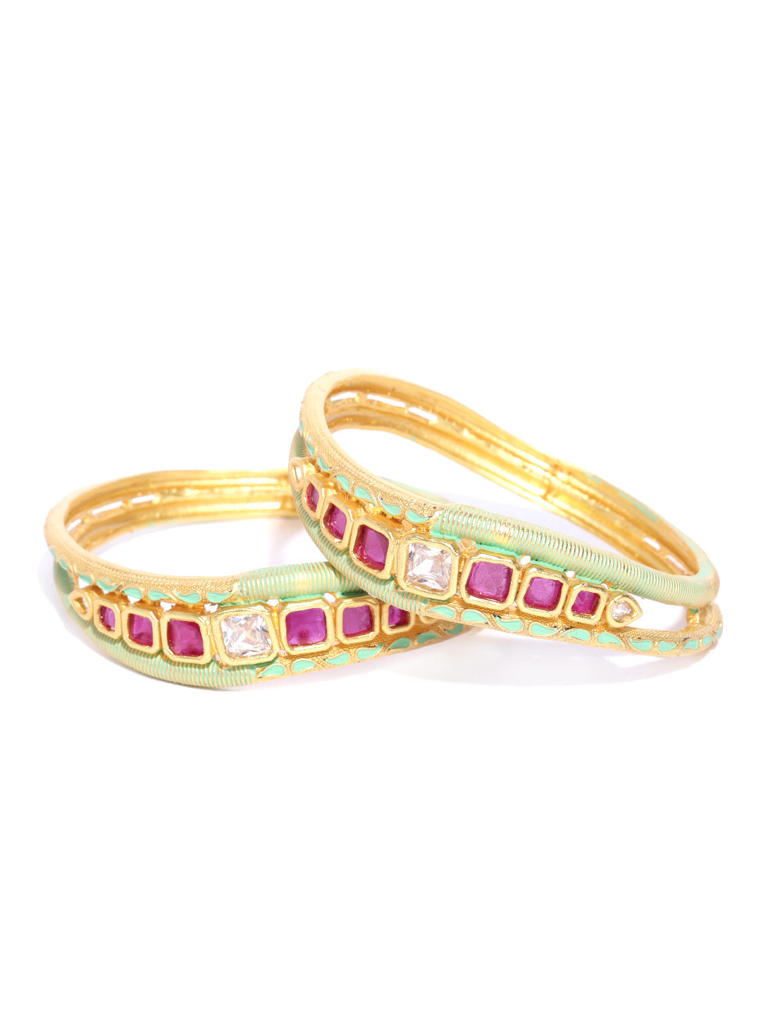 Set Of 2 Matte Gold AD And Maroon Stone Studded Mint Green Curved Shape Bangles