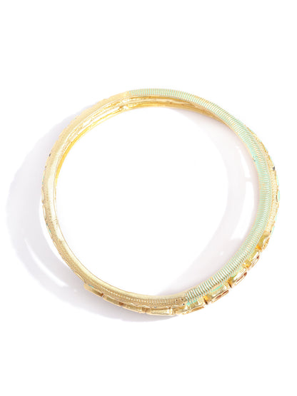 Set Of 2 Matte Gold AD And Maroon Stone Studded Mint Green Curved Shape Bangles