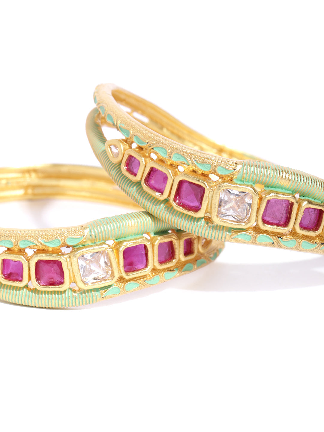 Set Of 2 Matte Gold AD And Maroon Stone Studded Mint Green Curved Shape Bangles