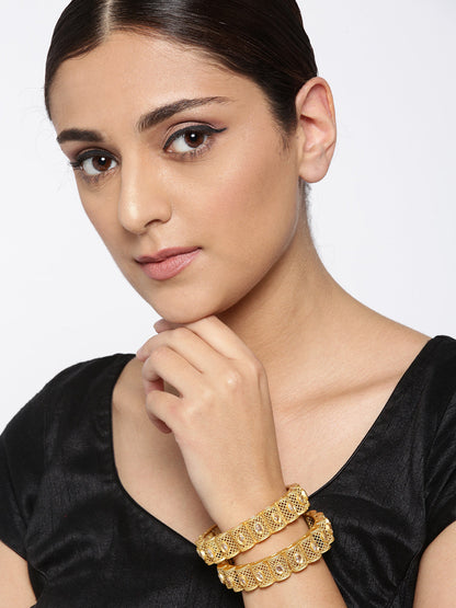 Set Of 2 Gold-Plated Stones Studded Jali Work Bangles
