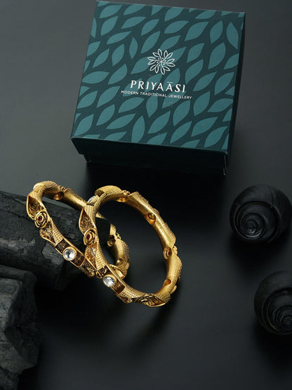 Artificial Stones Gold Plated Floral Set of 2 Bangle Set