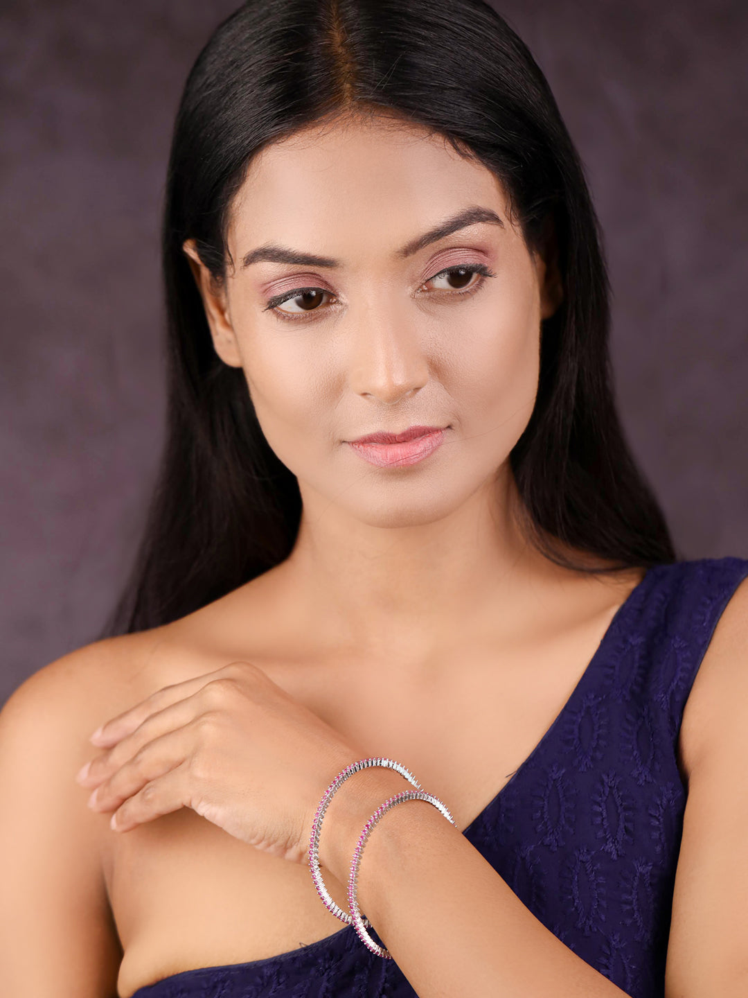 Purple Stones Silver Plated Bangles Set