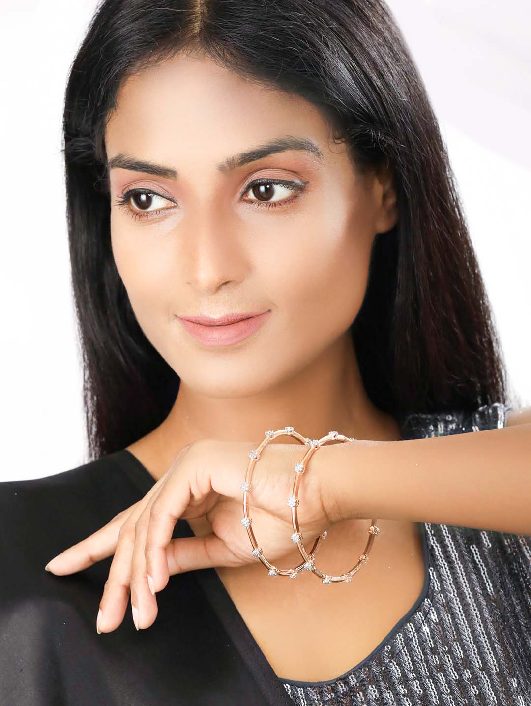 Rosy Refresh - Set of 2 American Diamond Rose Gold Plated Bangles Set