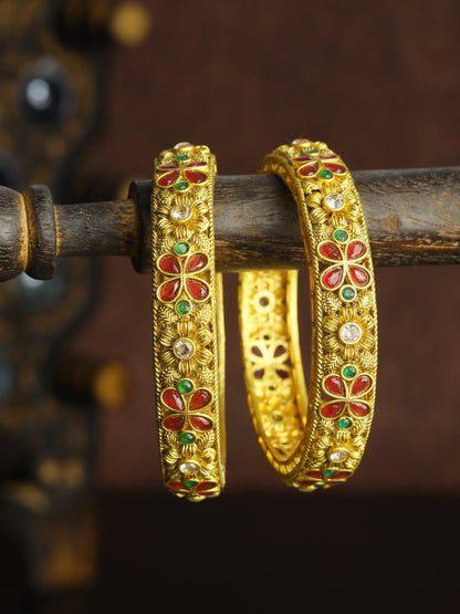 Multi Color Ruby Emaraled Gold-Plated Set Of 2 Bangles