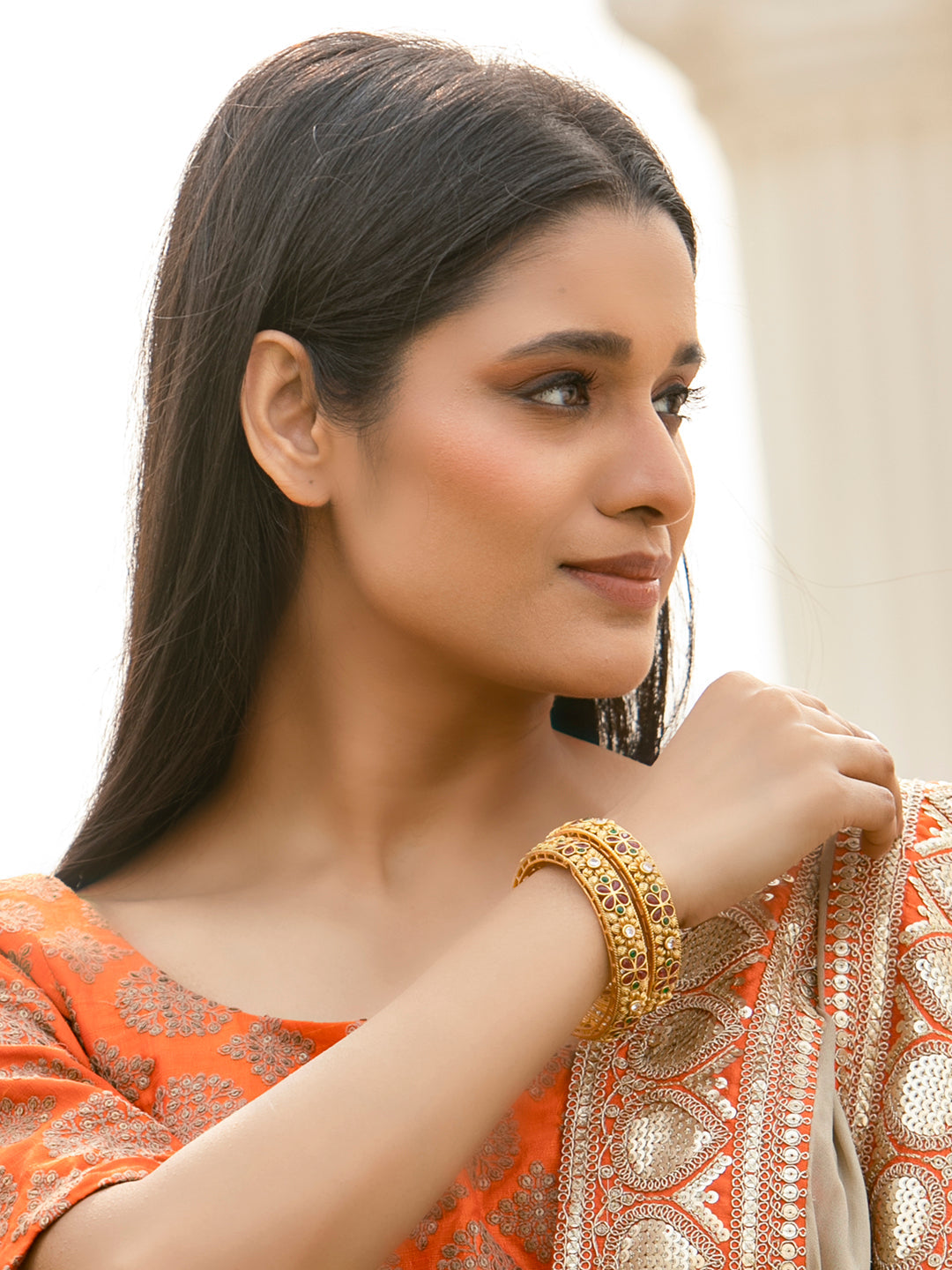Multi Color Ruby Emaraled Gold-Plated Set Of 2 Bangles