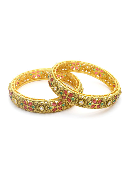 Multi Color Ruby Emaraled Gold-Plated Set Of 2 Bangles