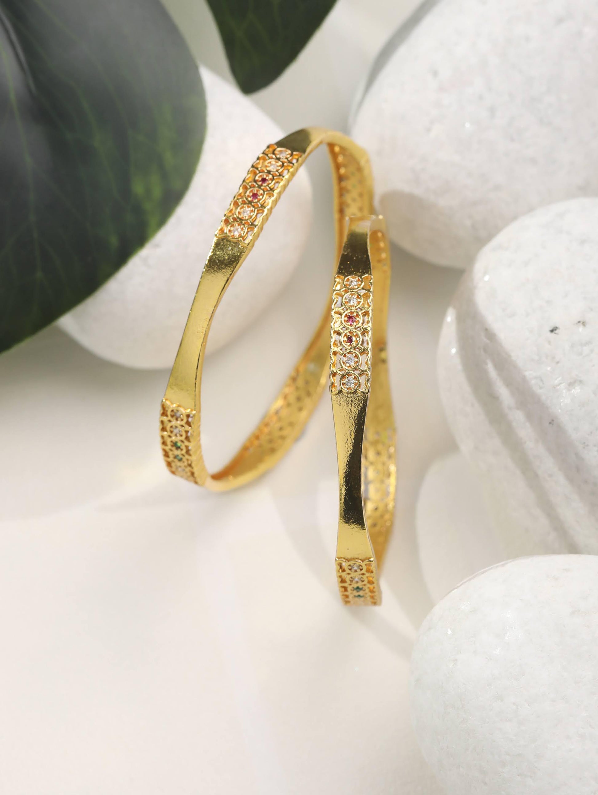 Green American Diamond Gold Plated Set of 2 Bangle Set