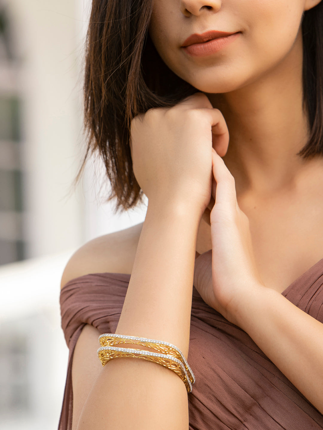 Allure Wings - Square American Diamond Gold Plated Set of 2 Bangles