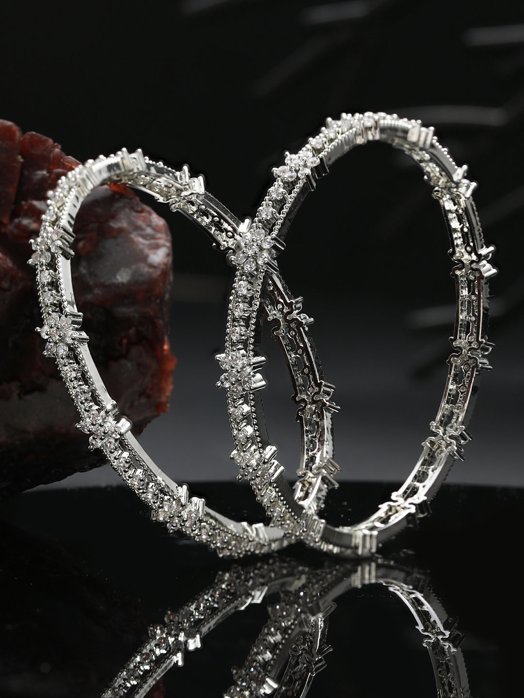 Floral American Diamond Silver-Plated Bangle Set of 2