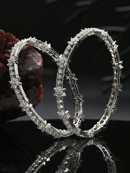 Floral American Diamond Silver-Plated Bangle Set of 2