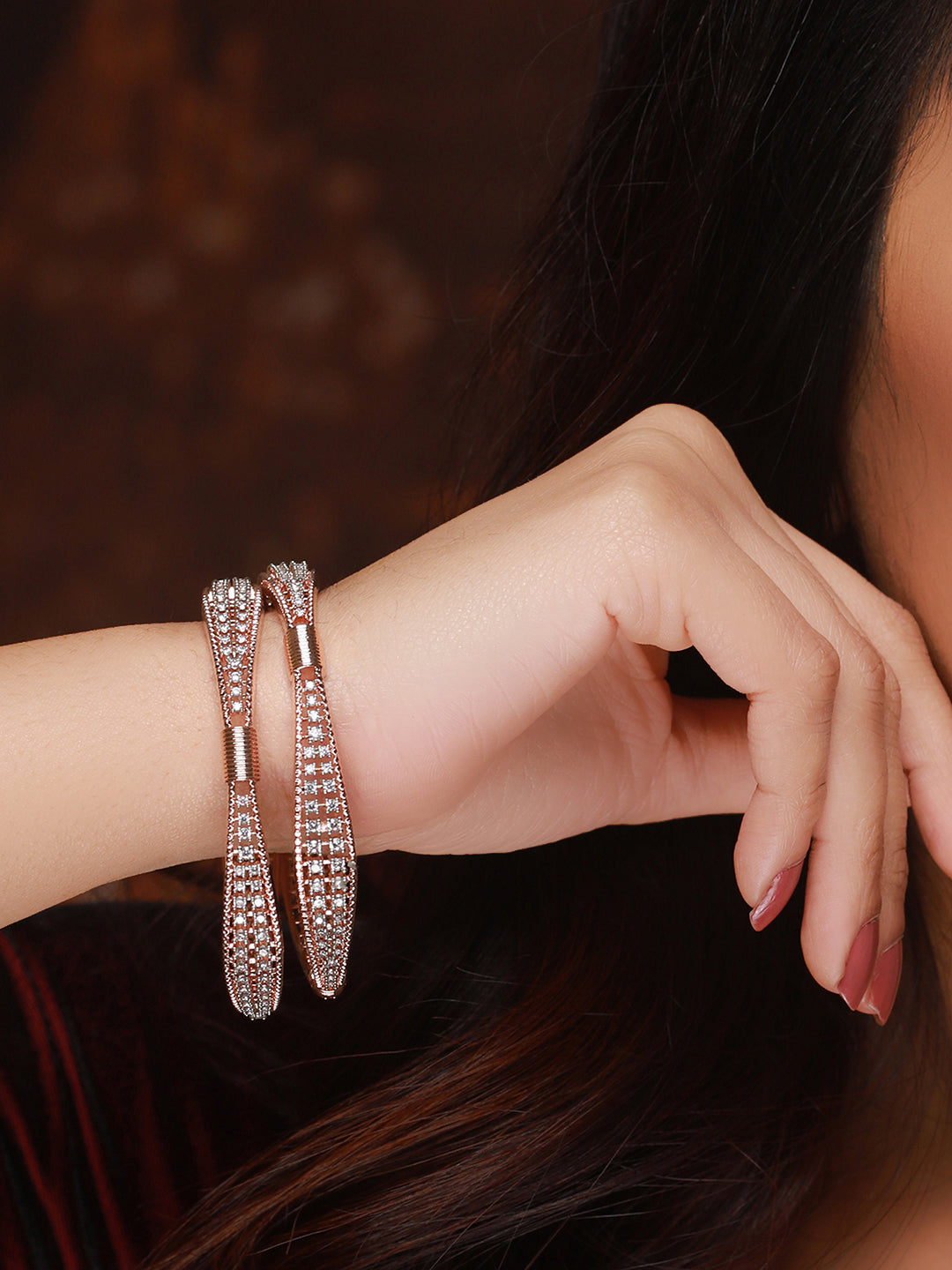 Elegant American Diamond Rose Gold-Plated Bangle Set of 2