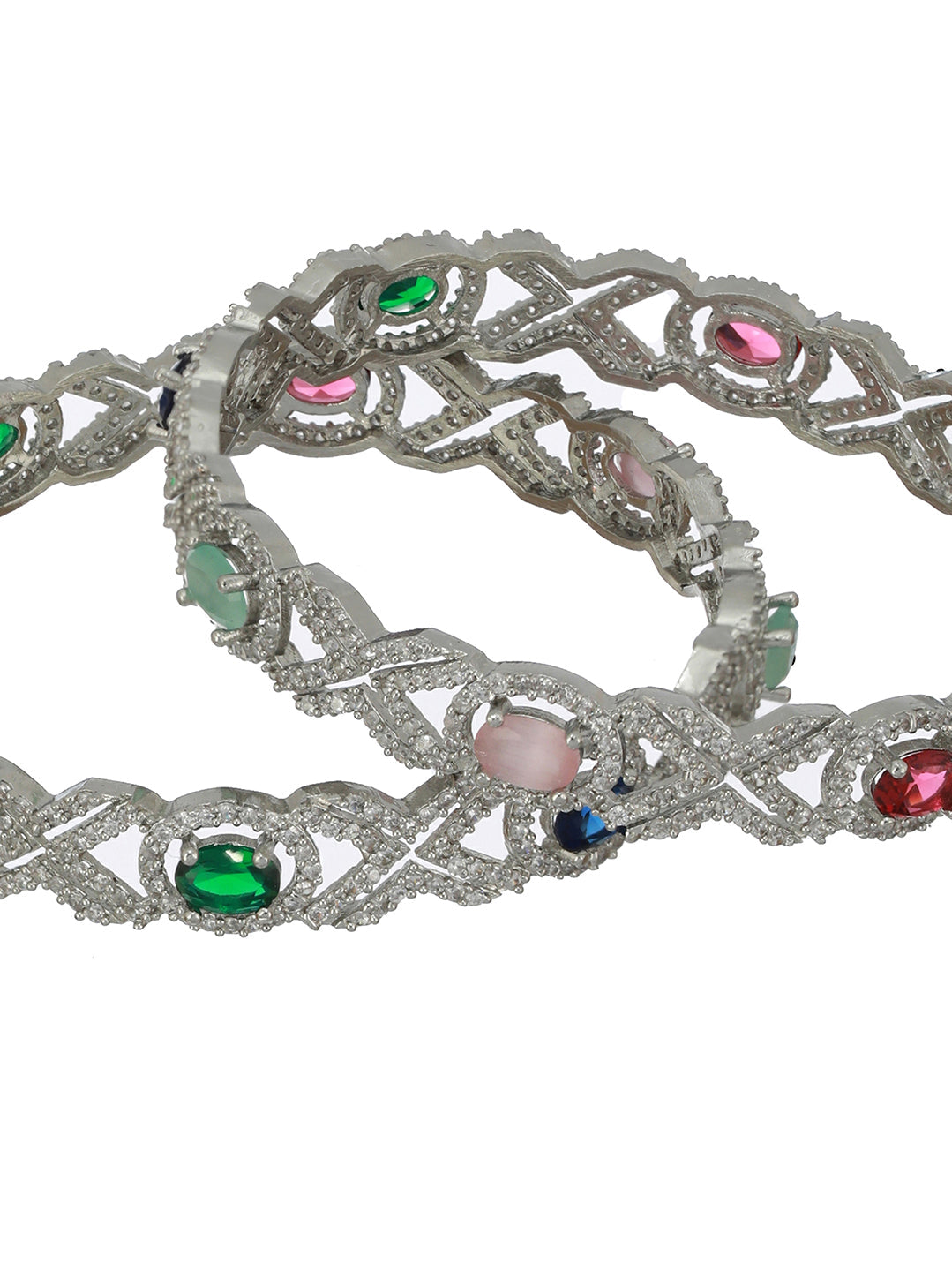 Blue Green Stone Studded AD Silver-Plated Bangle Set of 2