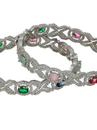 Blue Green Stone Studded AD Silver-Plated Bangle Set of 2