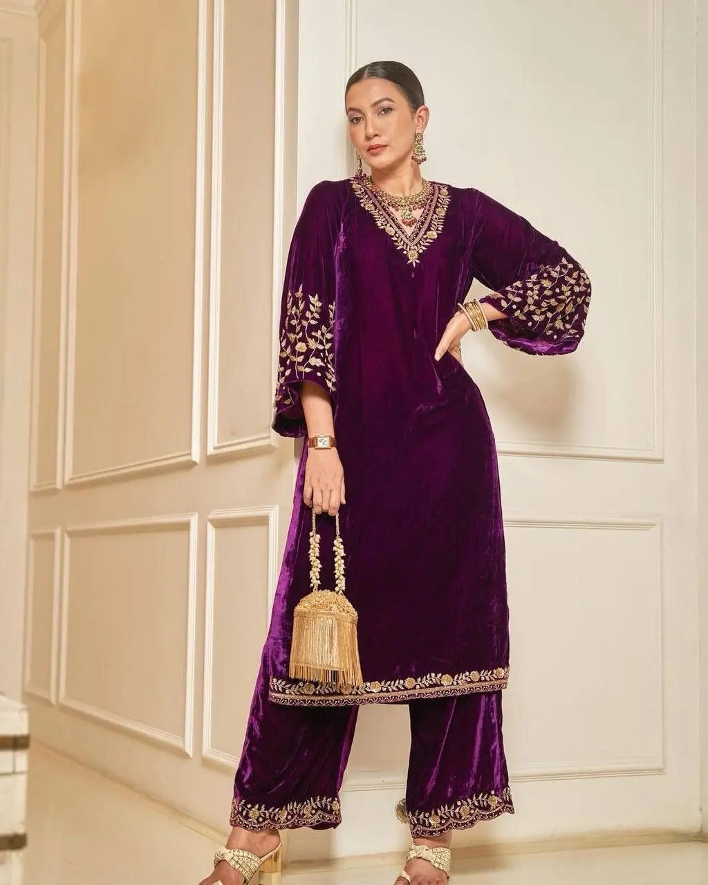 Lace work Velvet Kurti Pant Set ( Stitched) - Premium  from Ethenika.com - Just INR 2190! Shop now at Ethenika.com 