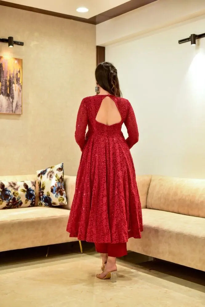 Georgette Chikankari Work Red Anarkali Dress - Premium  from Ethenika.com - Just INR 1990! Shop now at Ethenika.com 