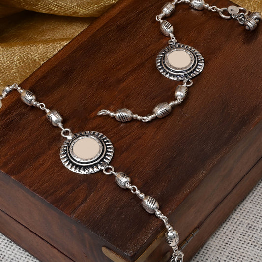Textured Disc Motif Silver Anklet