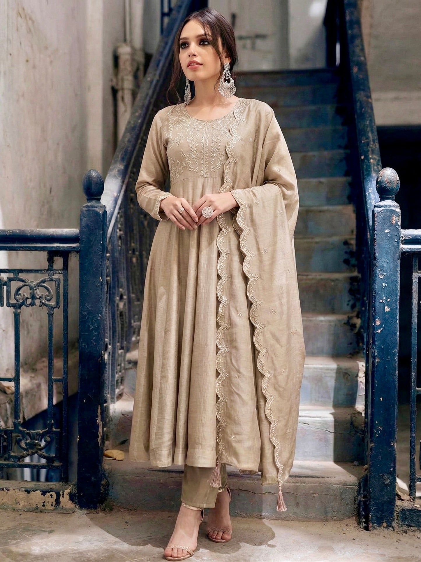 Grey Silk Embroidered Anarkali Kurta And Dupatta set