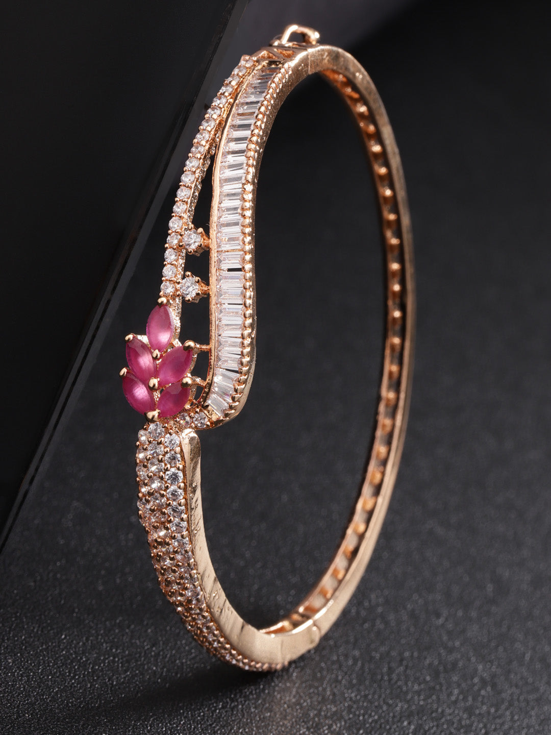 Rose Gold-Plated Ruby and American Diamond Studded Bracelet in Floral Pattern