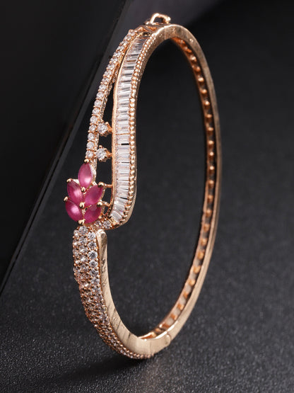 Rose Gold-Plated Ruby and American Diamond Studded Bracelet in Floral Pattern