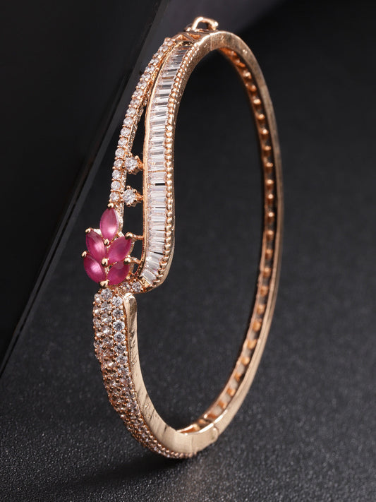 Rose Gold-Plated Ruby and American Diamond Studded Bracelet in Floral Pattern