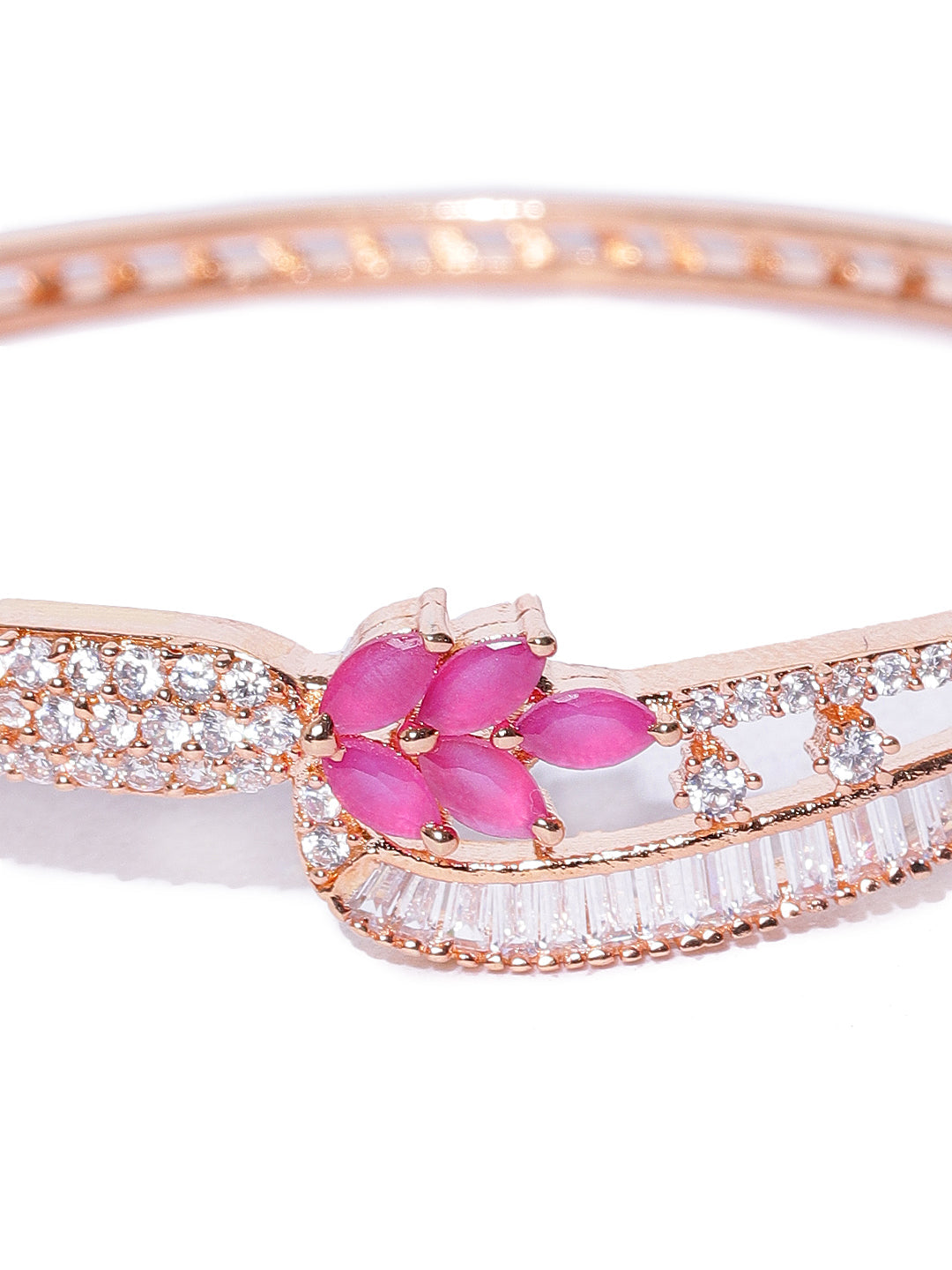 Rose Gold-Plated Ruby and American Diamond Studded Bracelet in Floral Pattern