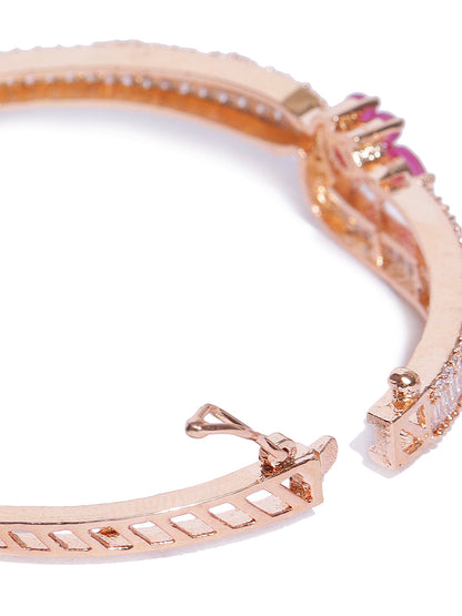 Rose Gold-Plated Ruby and American Diamond Studded Bracelet in Floral Pattern