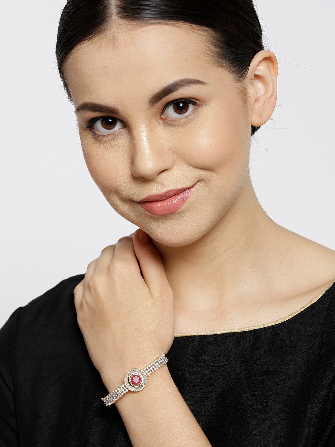Gold-Plated American Diamond and Ruby Studded Bracelet
