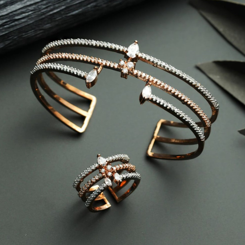 Priyaasi American Diamond Rose Gold Plated Bracelet with Ring