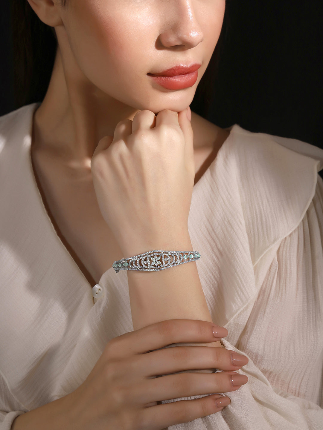 Priyaasi Silver-Plated Brilliance with American Diamond Sparkle and Mint Stone Charms