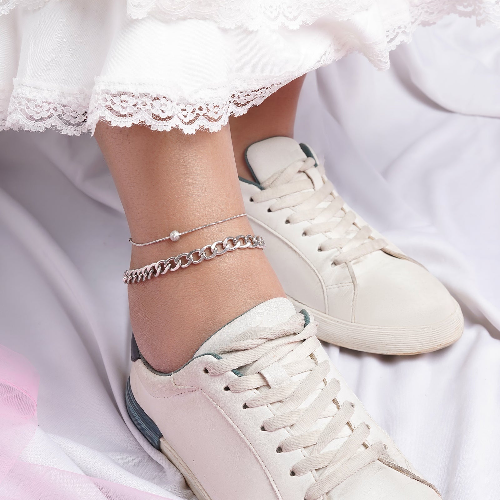 Bewitched Clayton Silver Chunky Chain And Dainty Charm Layered Anklet