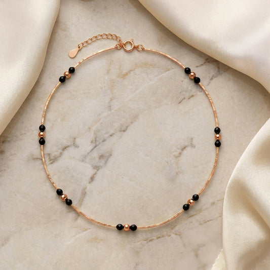 Black Beaded Silver Anklet