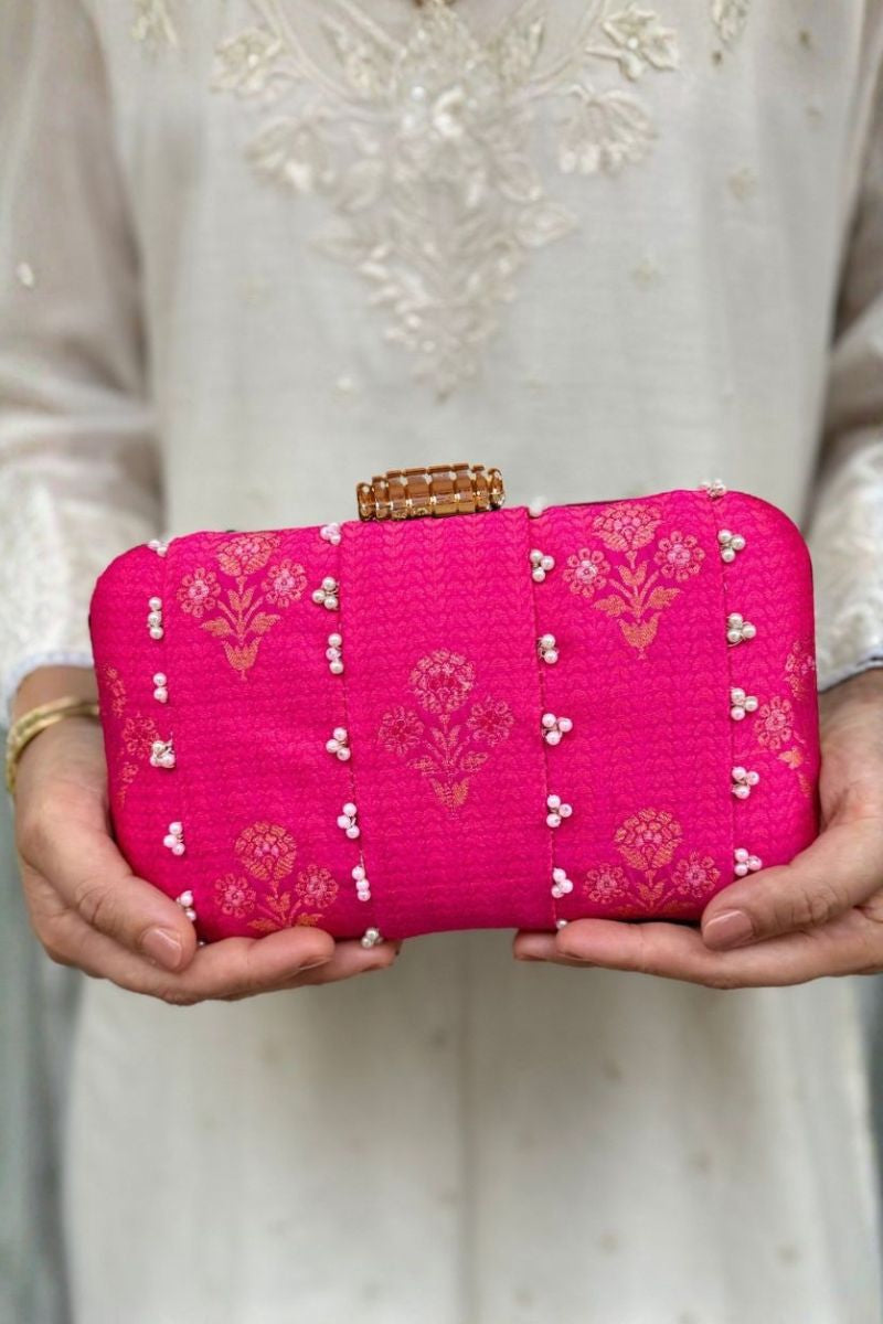 Bahaar Pearl Embellished Pure Silk Clutch - Pink