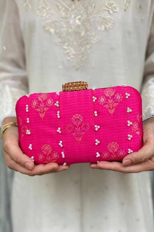 Bahaar Pearl Embellished Pure Silk Clutch - Pink