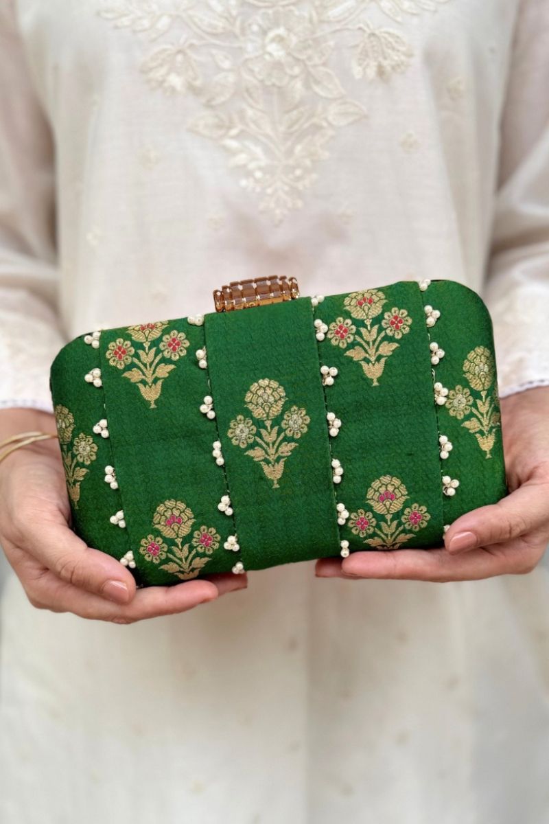Bahaar Pearl Embellished Pure Silk Clutch - Green