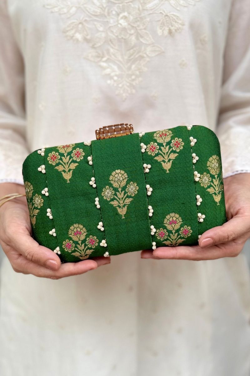 Bahaar Pearl Embellished Pure Silk Clutch - Green