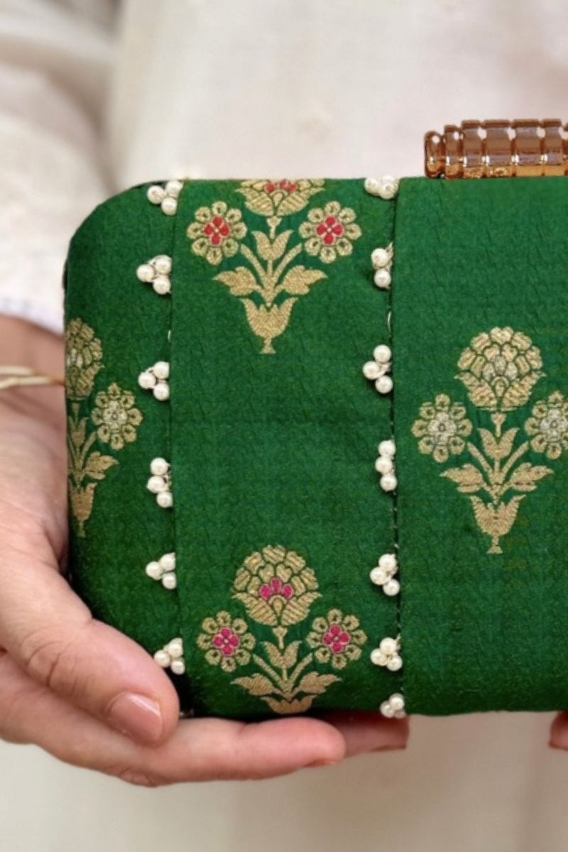 Bahaar Pearl Embellished Pure Silk Clutch - Green