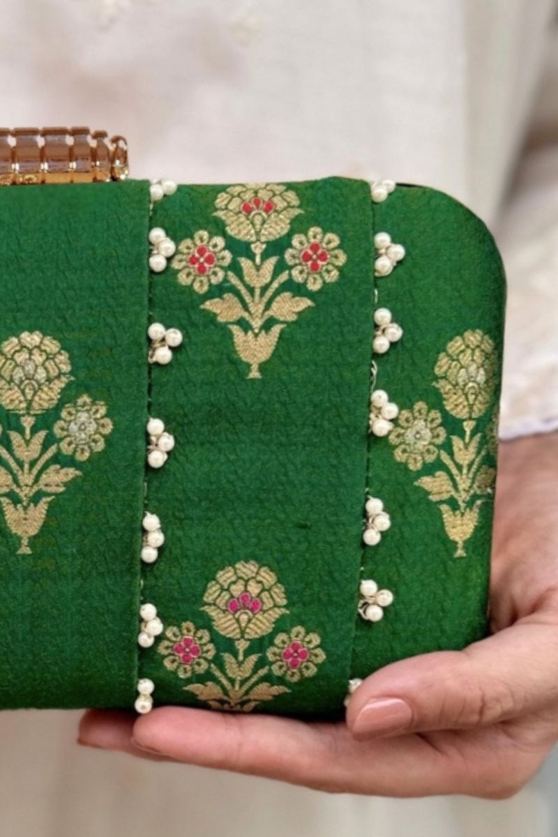 Bahaar Pearl Embellished Pure Silk Clutch - Green