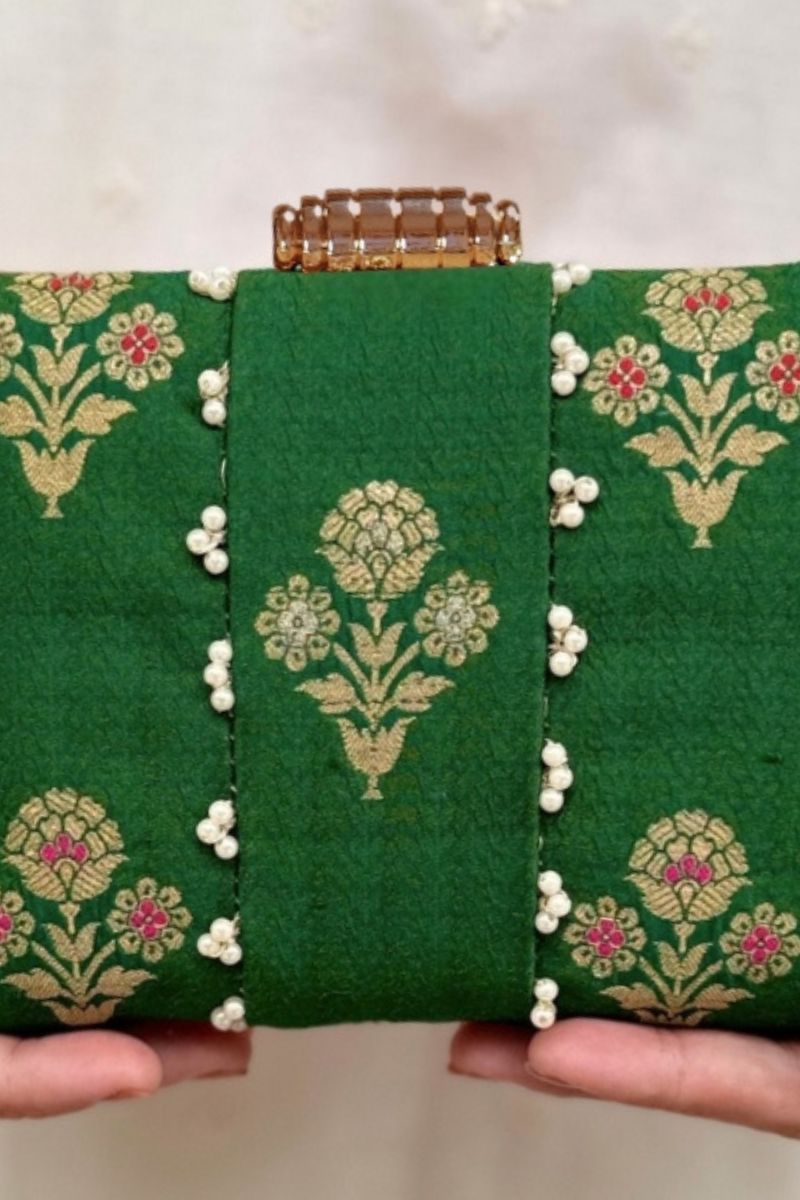 Bahaar Pearl Embellished Pure Silk Clutch - Green
