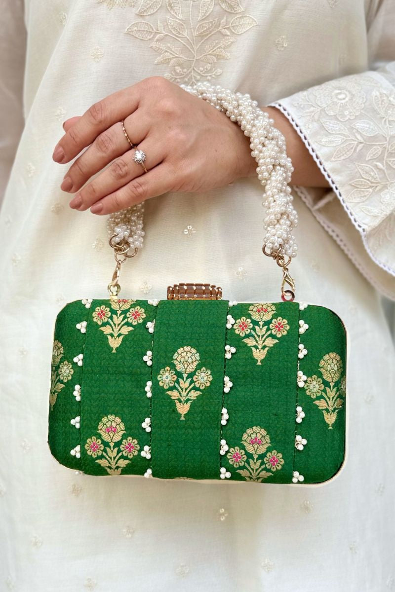 Bahaar Pearl Embellished Pure Silk Clutch - Green
