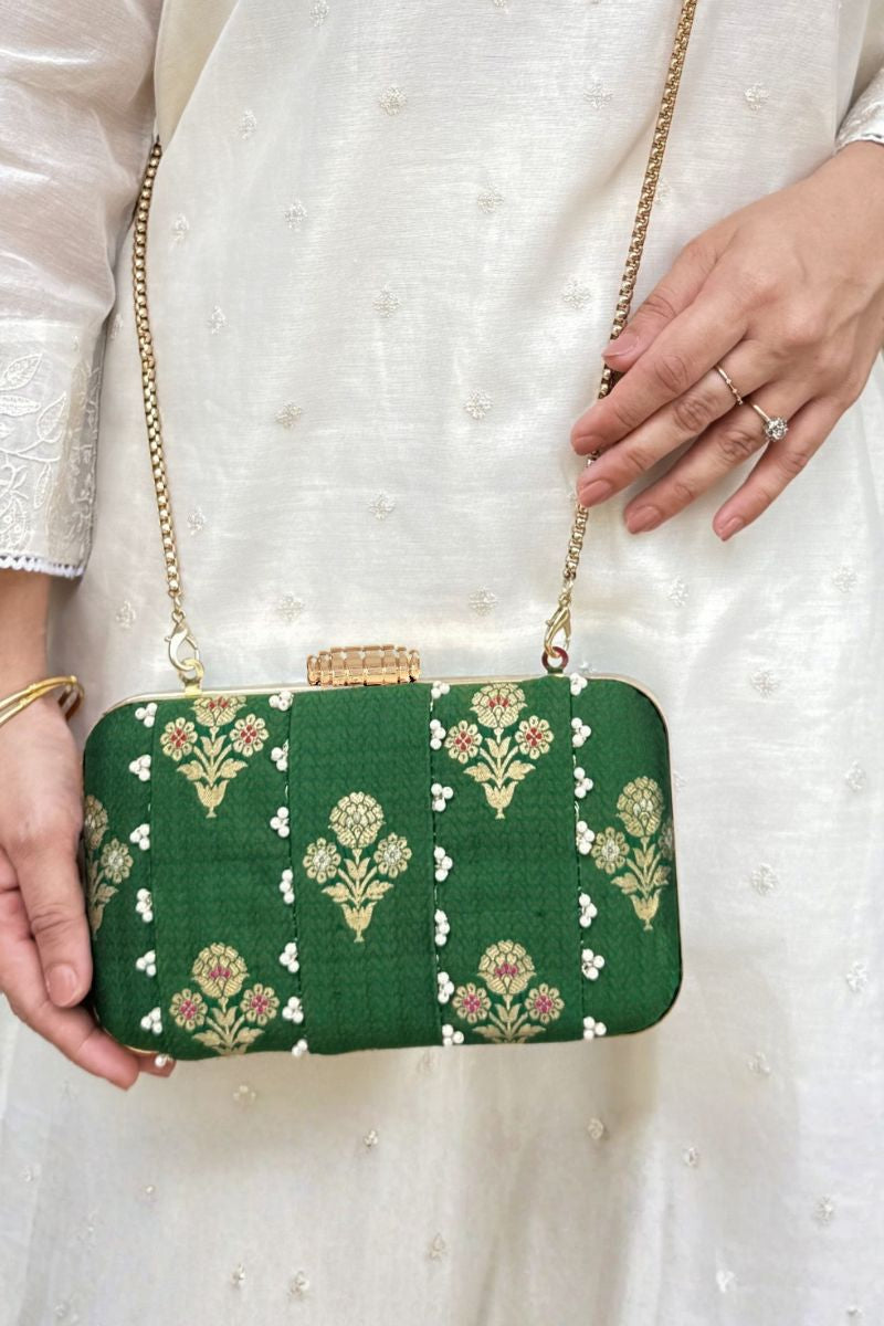 Bahaar Pearl Embellished Pure Silk Clutch - Green
