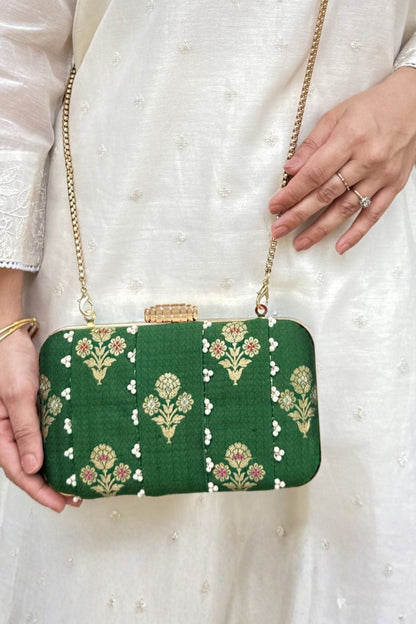 Bahaar Pearl Embellished Pure Silk Clutch - Green