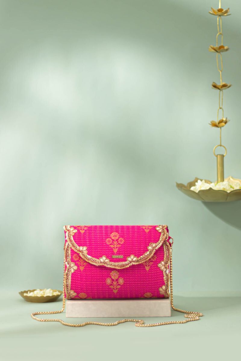 Bahaar Pure Silk Flapover Clutch - Pink