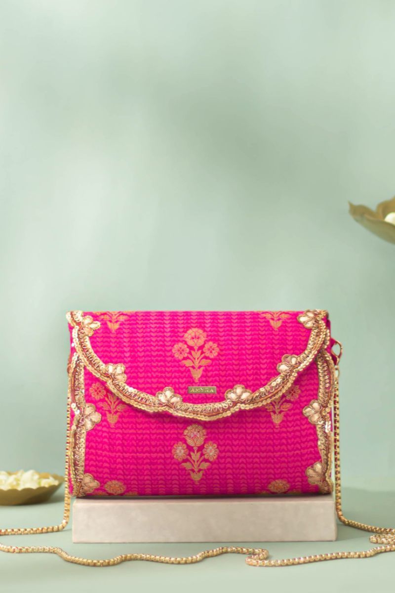 Bahaar Pure Silk Flapover Clutch - Pink