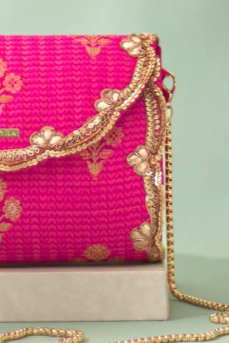 Bahaar Pure Silk Flapover Clutch - Pink
