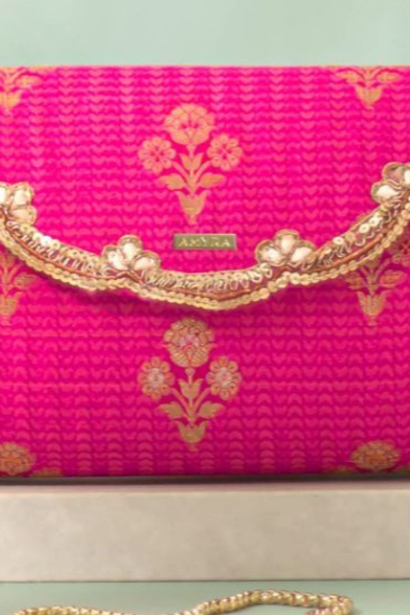 Bahaar Pure Silk Flapover Clutch - Pink