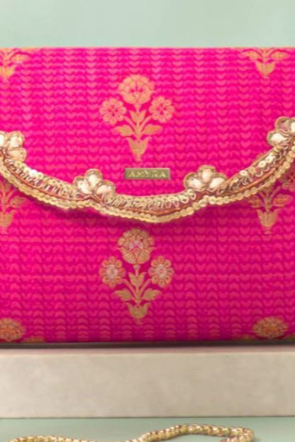 Bahaar Pure Silk Flapover Clutch - Pink
